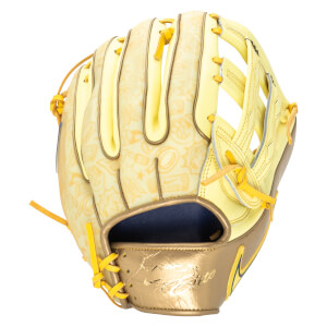 Front view of a yellow baseball glove with a repeating pattern of cartoon characters and baseballs, featuring gold accents and "Elite" text.