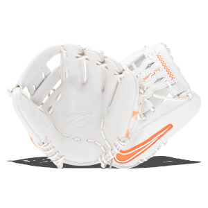 Front view of a white Nike softball glove with orange accents and "Vapor Elite" embossed on the palm.
