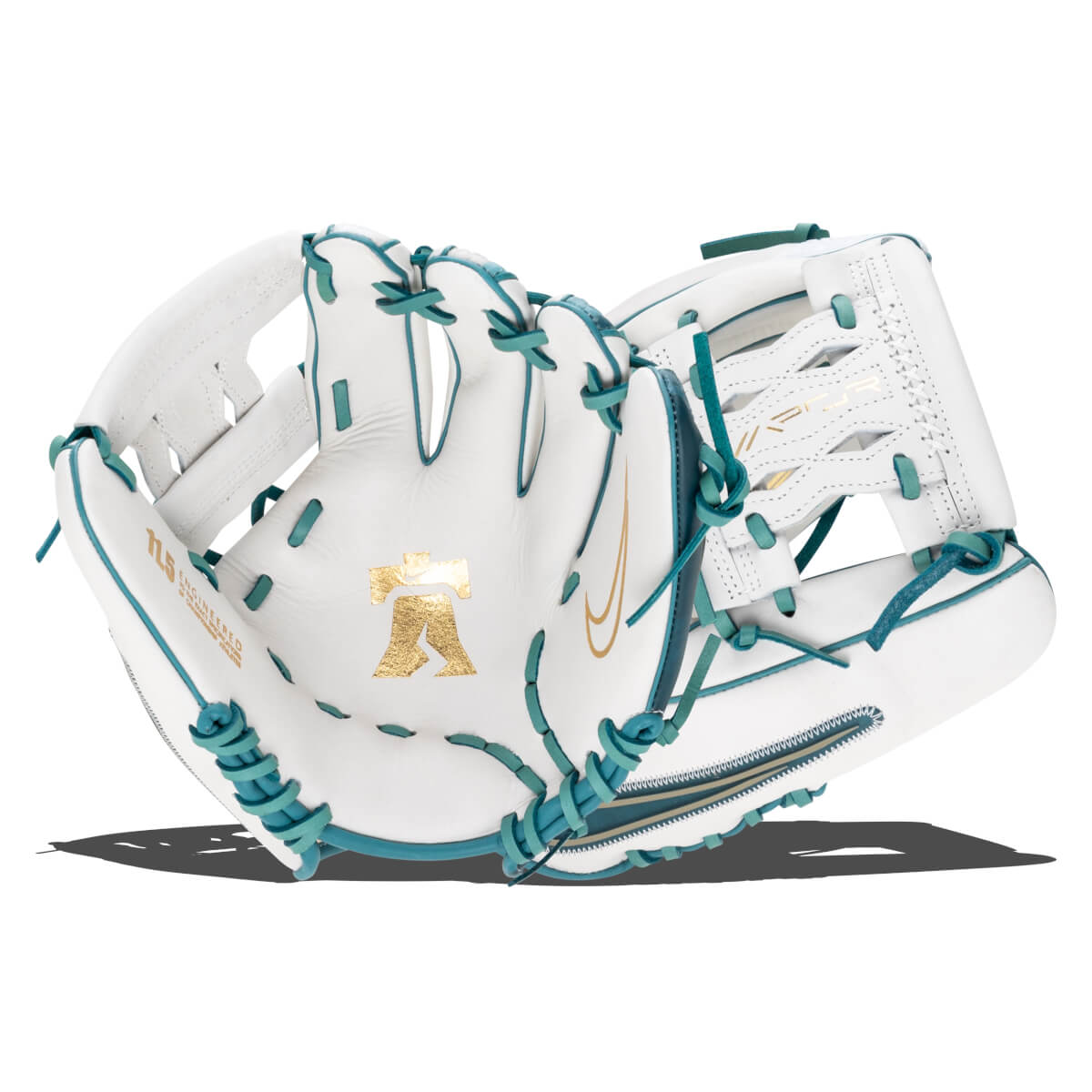 Front view of a white baseball glove with teal lacing, a gold Nike swoosh, and a gold Liberty Bell logo.