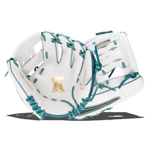 Front view of a white baseball glove with teal lacing, a gold Nike swoosh, and a gold Liberty Bell logo.