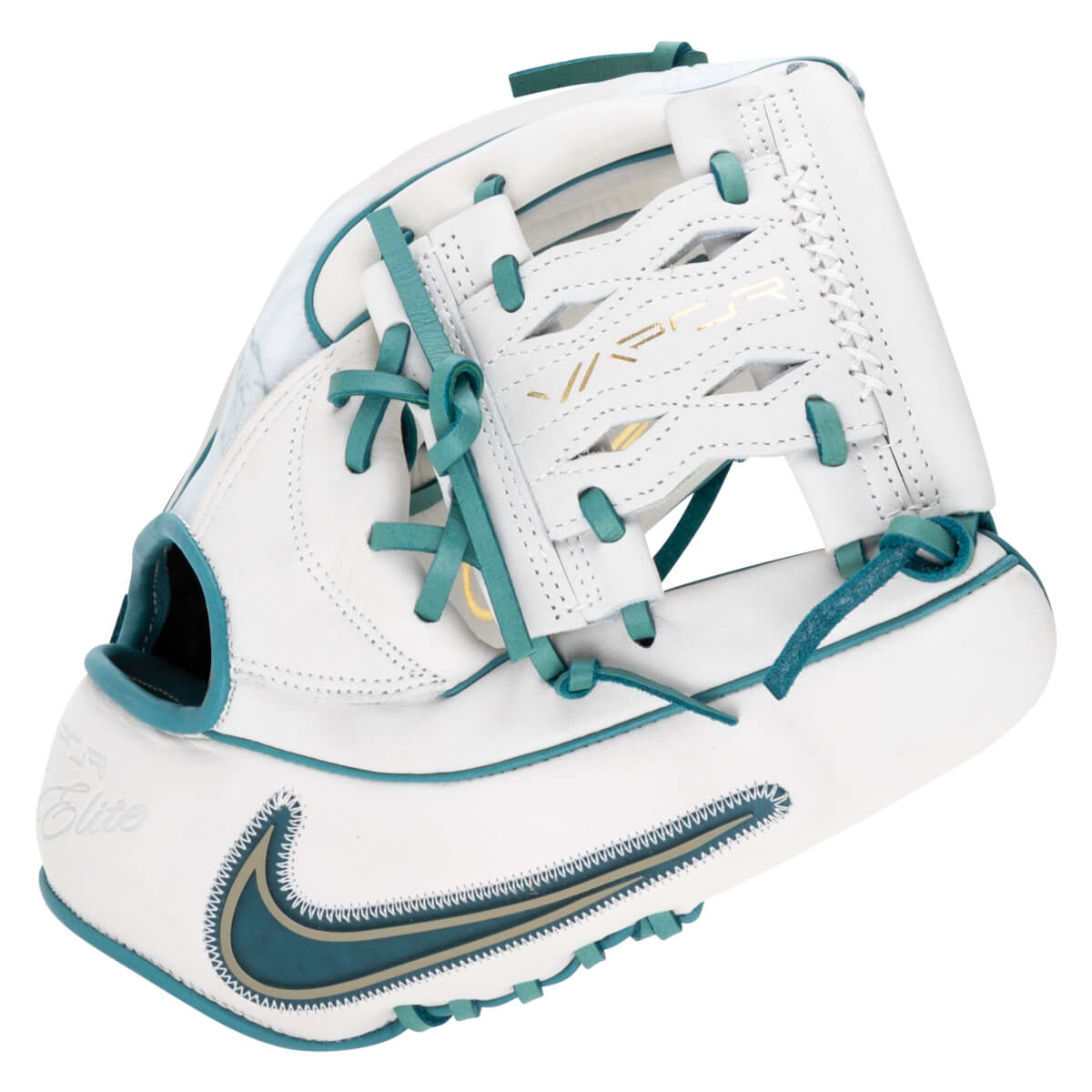 Front view of a white baseball glove with teal laces, a Nike swoosh, and "Elite" text.