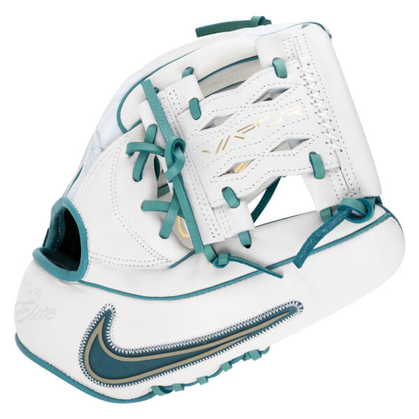 Front view of a white baseball glove with teal laces, a Nike swoosh, and "Elite" text.