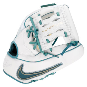 Front view of a white baseball glove with teal laces, a Nike swoosh, and "Elite" text.