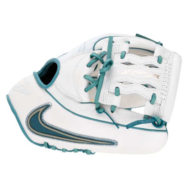 Front view of a white Nike Elite baseball glove with teal laces and a teal Nike swoosh.