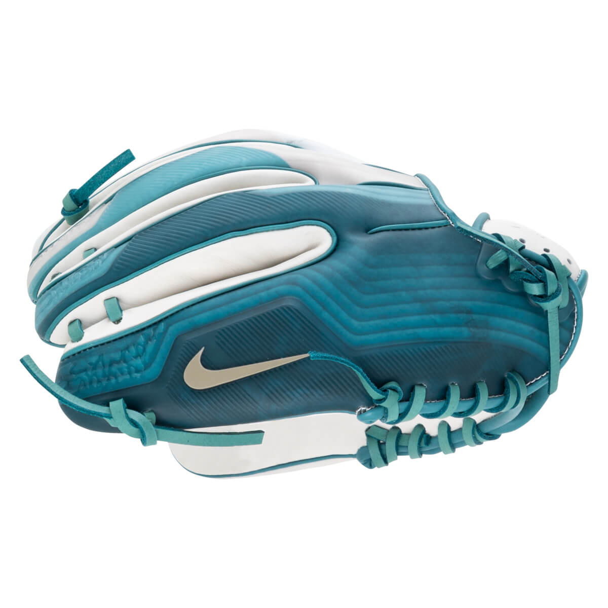 Side view of a teal and white Nike baseball glove with a gold Nike swoosh logo.