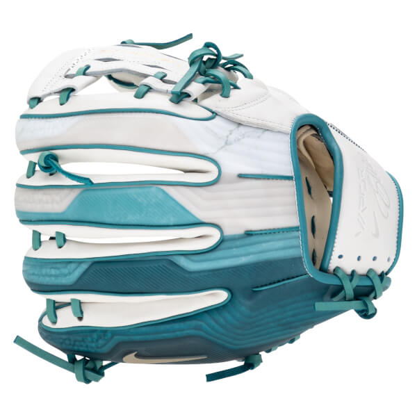 Side view of a white and teal baseball glove with a marble pattern on the side and a Nike logo on the sole.