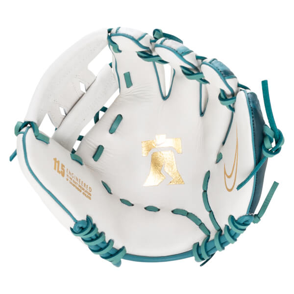 Top-down view of a white baseball glove with teal lacing, a gold Nike swoosh, and a gold Phillies "P" logo.