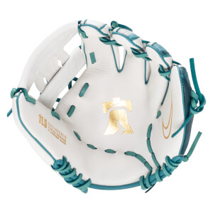 Top-down view of a white baseball glove with teal lacing, a gold Nike swoosh, and a gold Phillies "P" logo.