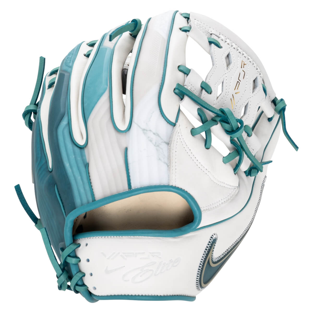 Front view of a white and teal baseball glove with "Vapor Elite" text and a Nike swoosh.