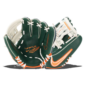 Front view of a green Nike Elite baseball glove with orange accents and white lacing.