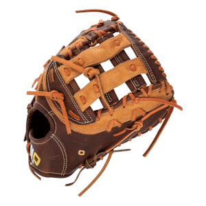 Corner view of a brown baseball glove with tan lacing and a webbed palm.