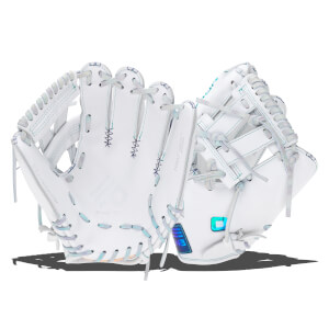 Top-down view of two white baseball gloves with iridescent blue and purple stitching and a "HALO EDGE PRECISION" logo.