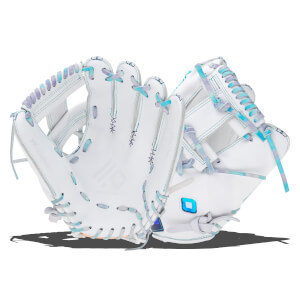 Front view of white baseball gloves with tie-dye laces and "HALO" text.