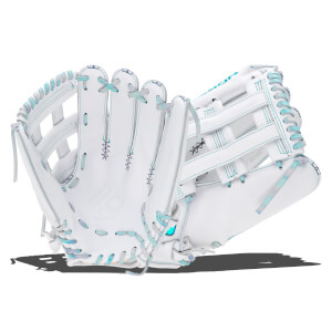 Front view of a white baseball glove with teal and purple stitching and laces, featuring "ALL" and "SINCE 1926" logos.