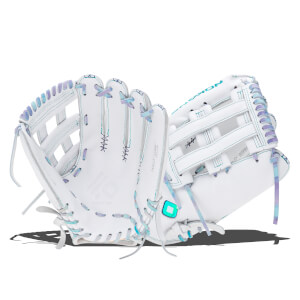 Front view of a white baseball glove with teal and purple laces, featuring "19" and "SINCE 1926" branding.