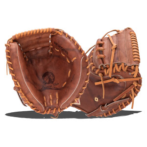 Interior view of a brown leather Nokona baseball glove, showing the "American Made" logo and "WALNUT W-3350" text.