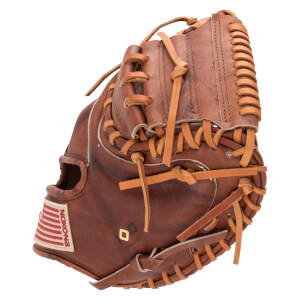 Side view of a brown leather baseball glove with "100 SINCE 1926" and an American flag patch.