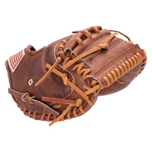 Side view of a brown leather baseball glove with tan lacing and an American flag patch with "NOXON" text.