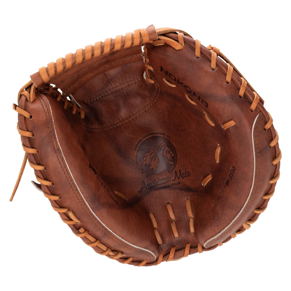 Top-down view of an open brown leather baseball glove with "NOCONA" and "American Made" visible.