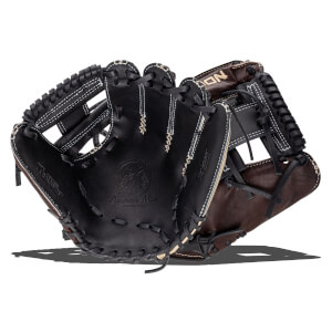 Front view of a black and brown leather catcher’s mitt featuring white contrast stitching and "American Made" embossed in the palm.