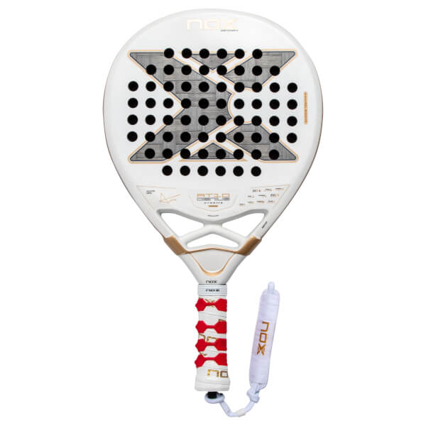 Front view of a white padel racket with a textured grey 'X' logo, gold 'NOX AT10 GENIUS XTREME' text, and a red and white patterned grip with a white wrist strap.