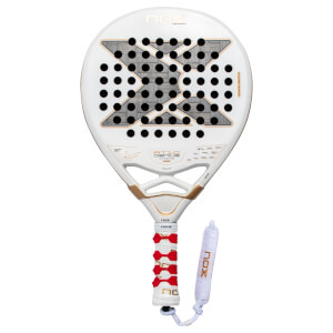 Front view of a white padel racket with a textured grey 'X' logo, gold 'NOX AT10 GENIUS XTREME' text, and a red and white patterned grip with a white wrist strap.