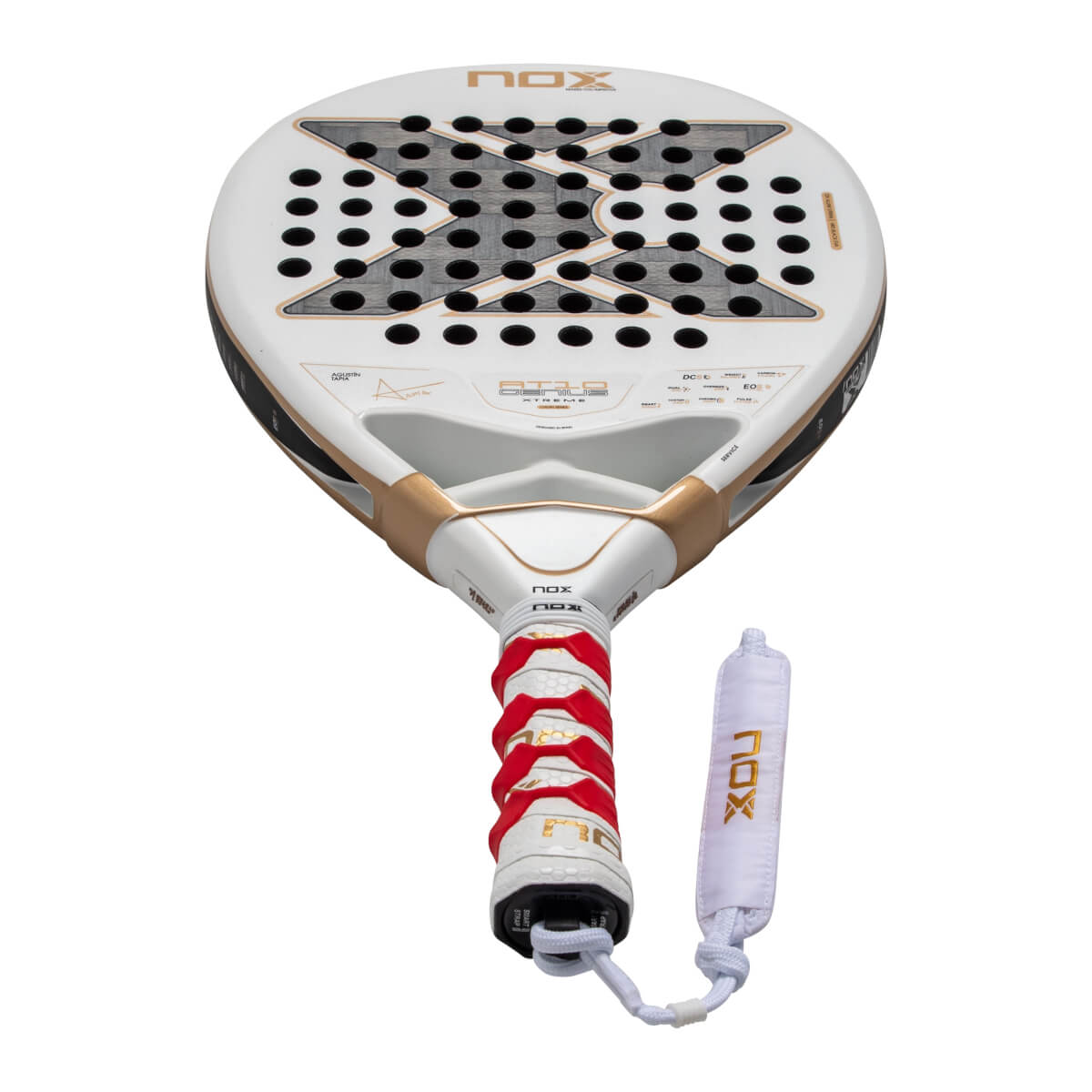 Front view of a white Nox AT10 Genius Xtreme padel racket with a large gray X logo on the face, gold bridge accents, and a red and white textured grip.