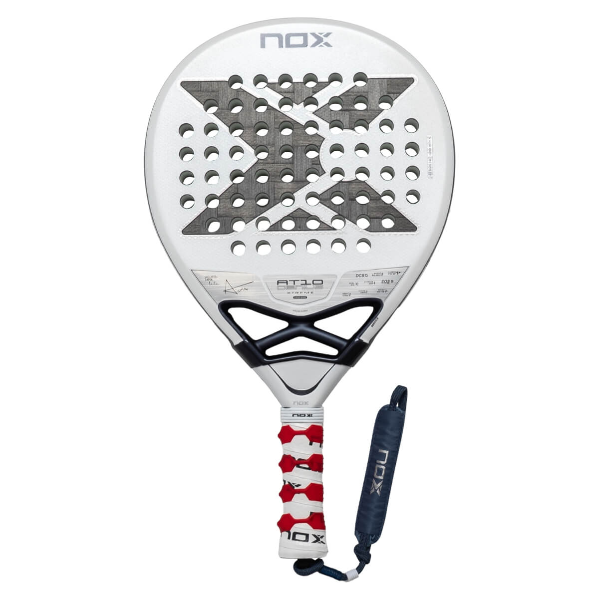 Front view of a white Nox AT10 Genius Xtreme padel racket featuring a large gray X on the face, a red and white patterned grip, and a blue wrist strap.