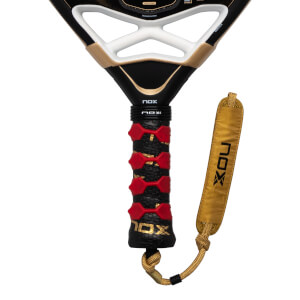 Close-up of the handle and throat featuring a red honeycomb grip, a gold "NOX" wrist strap, and the "LUXURY SERIES" logo on the black, white, and gold frame.