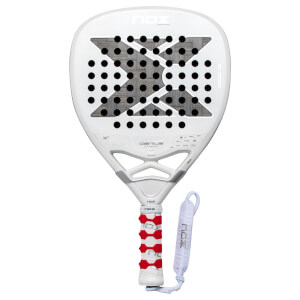 Front view of a white NOX AT10 Genius padel racket featuring a large gray X logo on the hitting surface and a textured red and white grip with a white wrist strap.