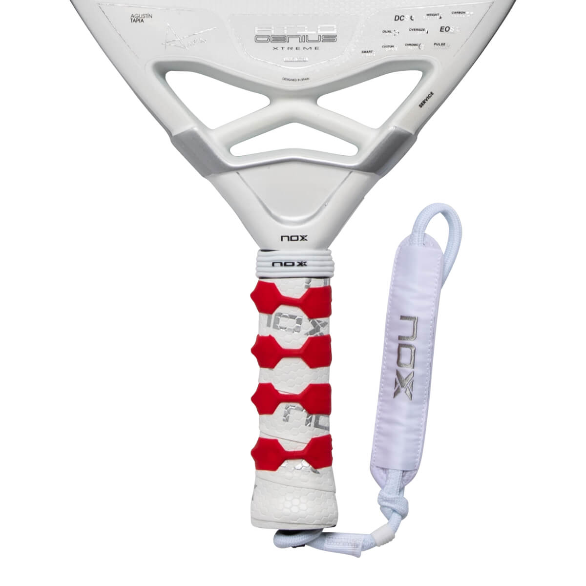 Close-up of the white AT10 Genius Xtreme handle featuring red hexagonal grips, a white wrist strap with NOX branding, and an X-shaped throat.