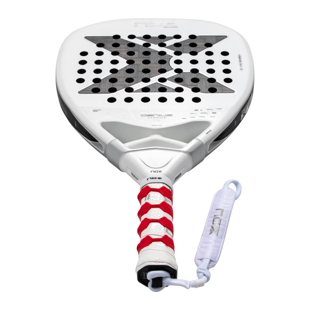 Angled view of a white NOX Genius padel racket featuring a large black X logo on the face, a red and white textured grip, and a white wrist strap.
