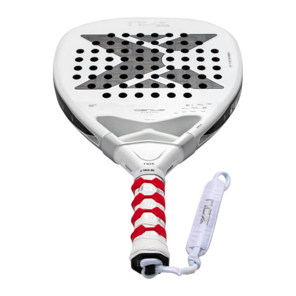 Angled view of a white NOX Genius padel racket featuring a large black X logo on the face, a red and white textured grip, and a white wrist strap.
