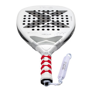 Angled view of a white NOX Genius padel racket featuring a large black X logo on the face, a red and white textured grip, and a white wrist strap.