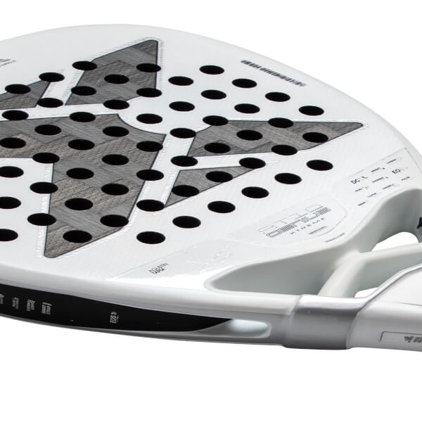 Close-up perspective of a white padel racket face featuring a grey star pattern, perforated holes, and the words GENIUS XTREME and AGUSTIN TAPIA.