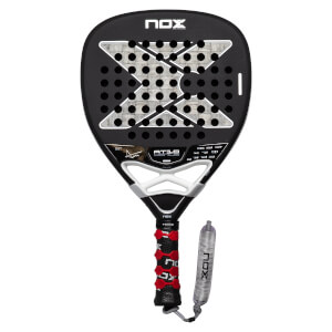 Front view of a black NOX padel racket with a silver X hole pattern, red and black grip, and silver wrist strap.