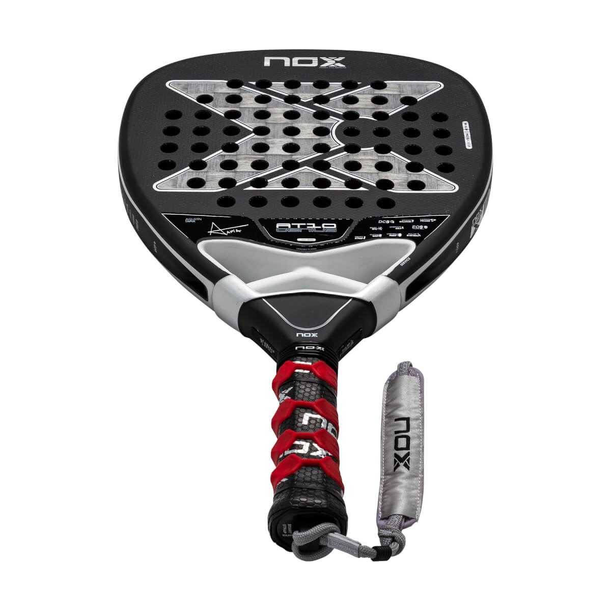 Front view of a black and silver padel racket with a perforated X pattern face, red overgrip, and NOX branding.