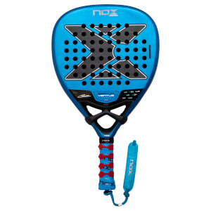 Front view of the metallic blue Nox EA10 Ventus padel racket featuring a large black "X" logo on the head, a textured red and blue grip, and a matching blue wrist strap.