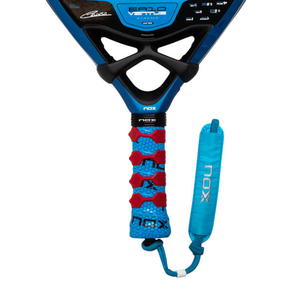 This close-up of the Nox EA10 Ventus bridge and handle shows a blue honeycomb grip with red accents, "EA10 VENTUS XTREME" branding, and a blue NOX wrist strap.