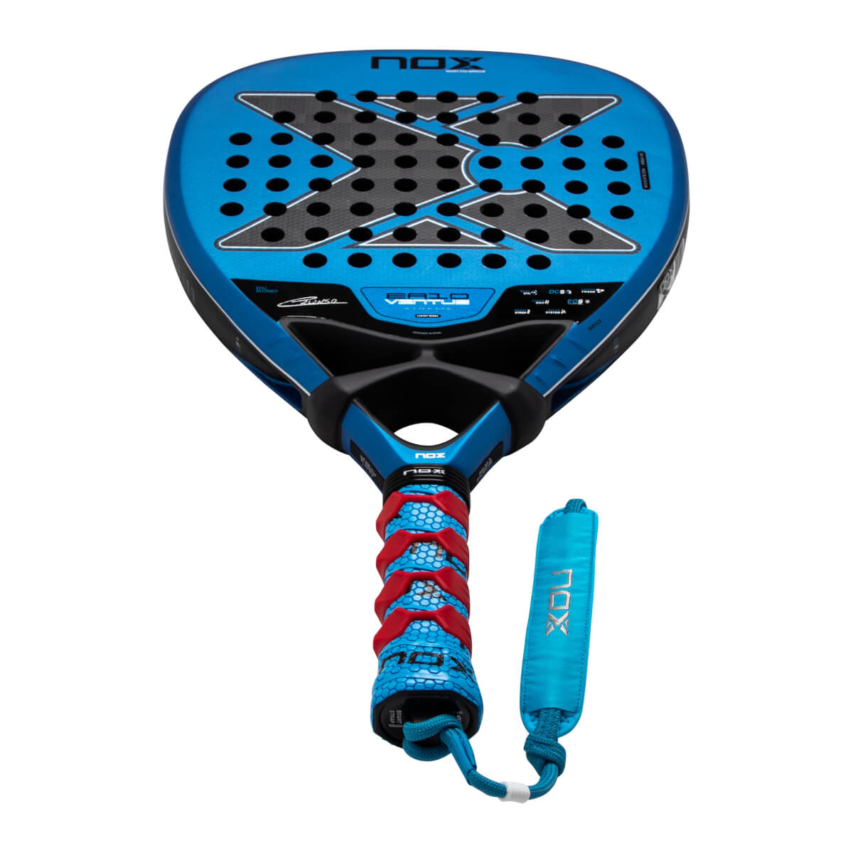 Front view of the blue Nox EA10 Ventus padel racket with a large black X logo, patterned red and blue grip, and a blue wrist strap featuring the NOX name.