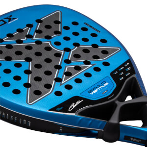 Close-up angled view of a blue Nox EA10 Ventus padel racket features a black central X logo, circular holes, and branding for player Edu Alonso and XTREME technology.