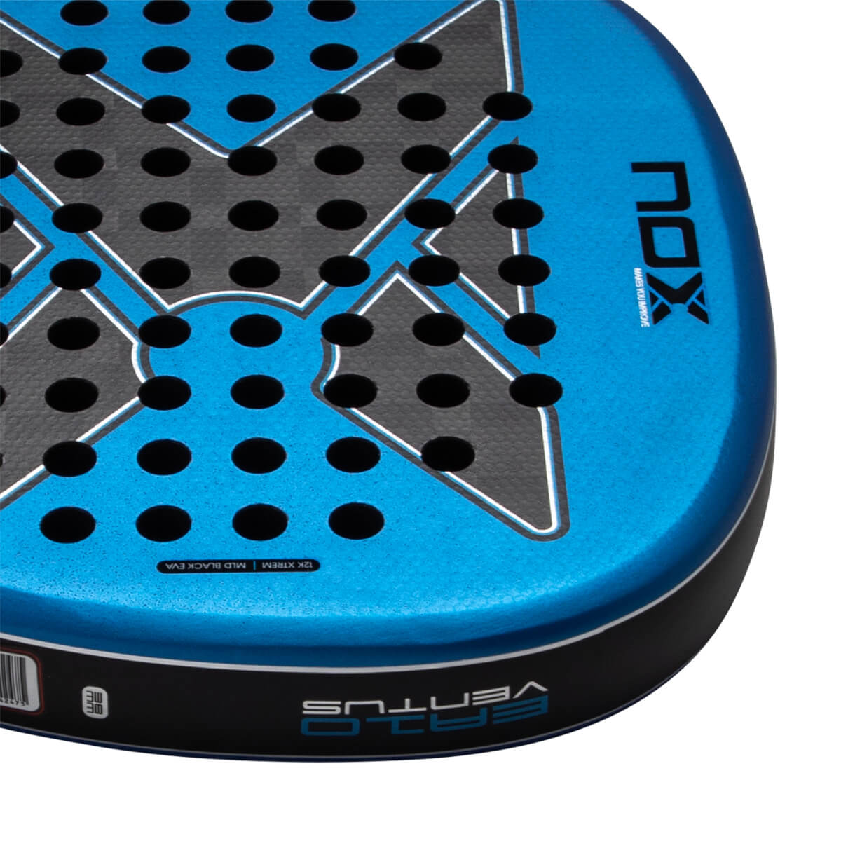 Close-up corner view of the blue Nox EA10 Ventus padel racket, featuring a perforated face with a black X logo and visible "NOX" and "VENTUS" branding on the side.