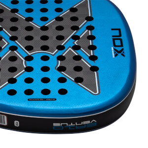 Close-up corner view of the blue Nox EA10 Ventus padel racket, featuring a perforated face with a black X logo and visible "NOX" and "VENTUS" branding on the side.