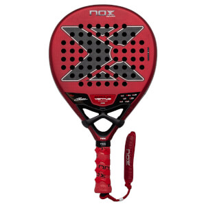 Front view of a red Nox padel racket featuring a large grey X logo, "EA10 VENTUS XTREME" text, and a red patterned grip with a matching wrist strap.