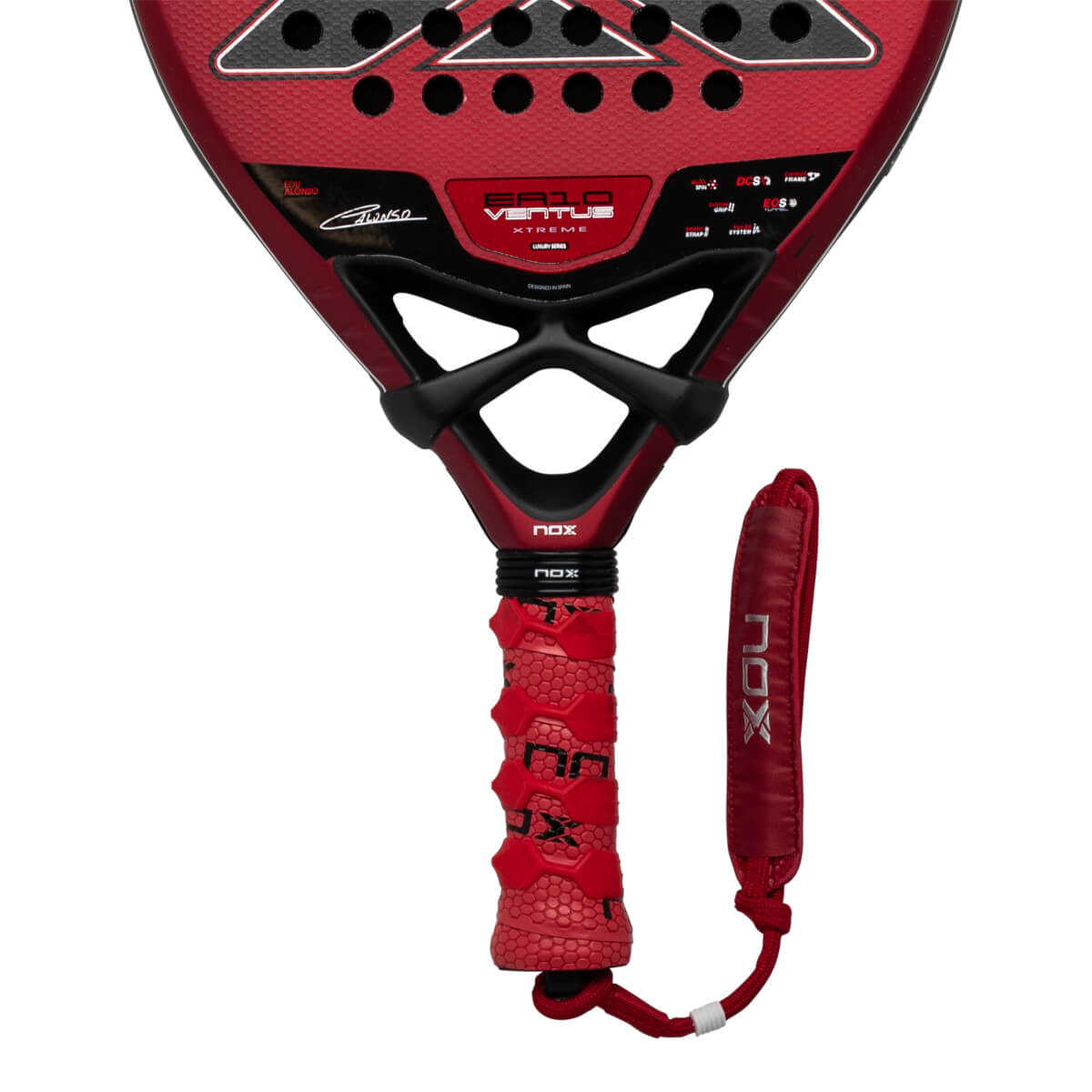 Lower front view of the red EA10 VENTUS XTREME racket, featuring a black throat, textured red grip, and a matching wrist strap with the NOX logo.