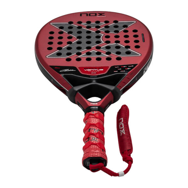 Front view of the red Nox EA10 Ventus padel racket featuring a large black X logo on the face, a textured red grip, and a red wrist strap labeled NOX.