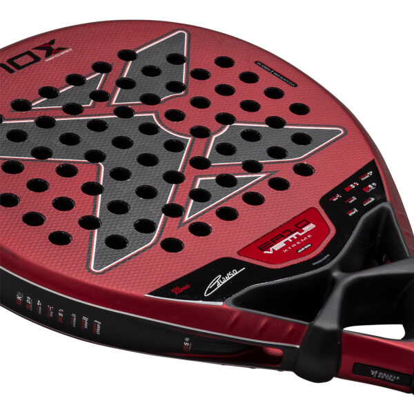 Close-up angled view of the red and black racket face featuring a large 'X' logo, circular hole patterns, and the text "EA10 VENTUS XTREME" and "EDU ALONSO".