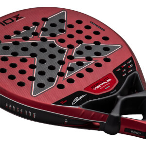 Close-up angled view of the red and black racket face featuring a large 'X' logo, circular hole patterns, and the text "EA10 VENTUS XTREME" and "EDU ALONSO".