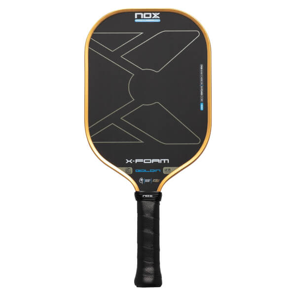 Front view of a black pickleball paddle with gold trim, a grey geometric X pattern, and the words "NOX," "X-FOAM," and "GOLDIN" displayed on the face.