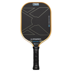 Front view of a black pickleball paddle with gold trim, a grey geometric X pattern, and the words "NOX," "X-FOAM," and "GOLDIN" displayed on the face.